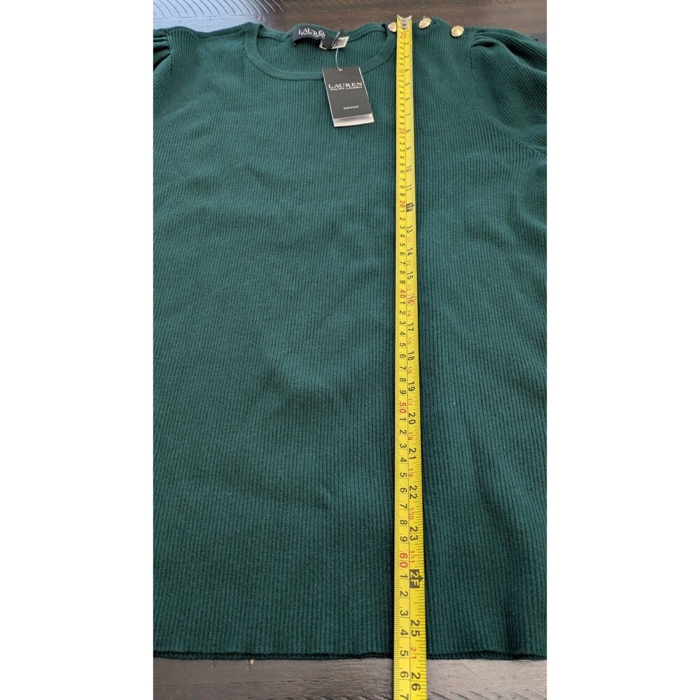 Lauren Ralph Lauren Puff Sleeve Sweater 2X Green Holiday Gold Buttons Preppy NWT - Picture 11 of 11